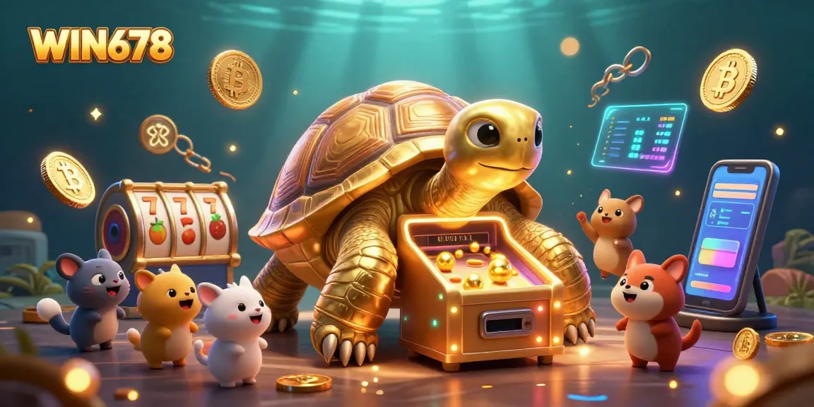 Engage in thrilling gameplay at WIN678 with a giant golden tortoise pinball machine revealing an exciting casino experience.