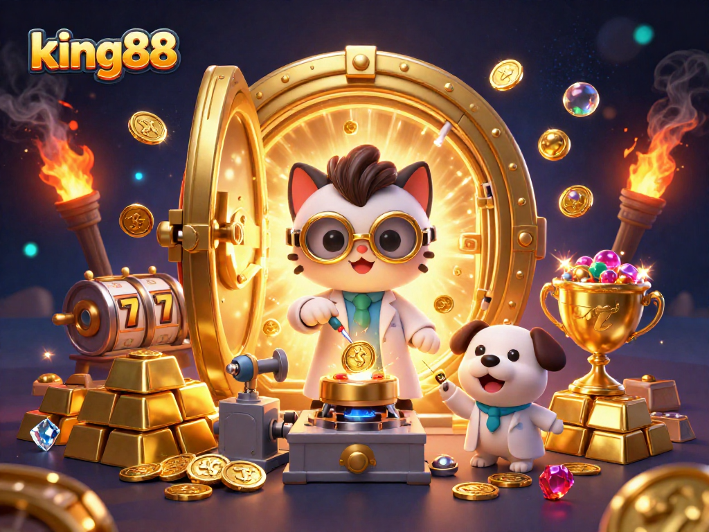 Experience the excitement of king88 with a vibrant casino-themed illustration filled with treasures and games.