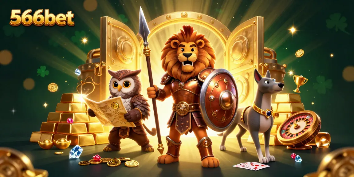Engage with 566bet's exciting gaming universe featuring a Spartan lion, owl strategist, and greyhound messenger amidst treasure.