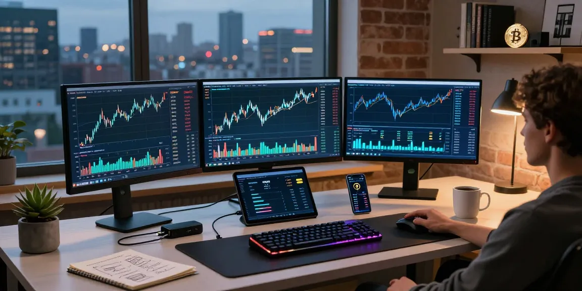 Récupération de l'escroquerie NFT dans un bureau crypto avec des écrans montrant des graphiques de crypto-monnaies et des analyses de portefeuille, environnement futuriste