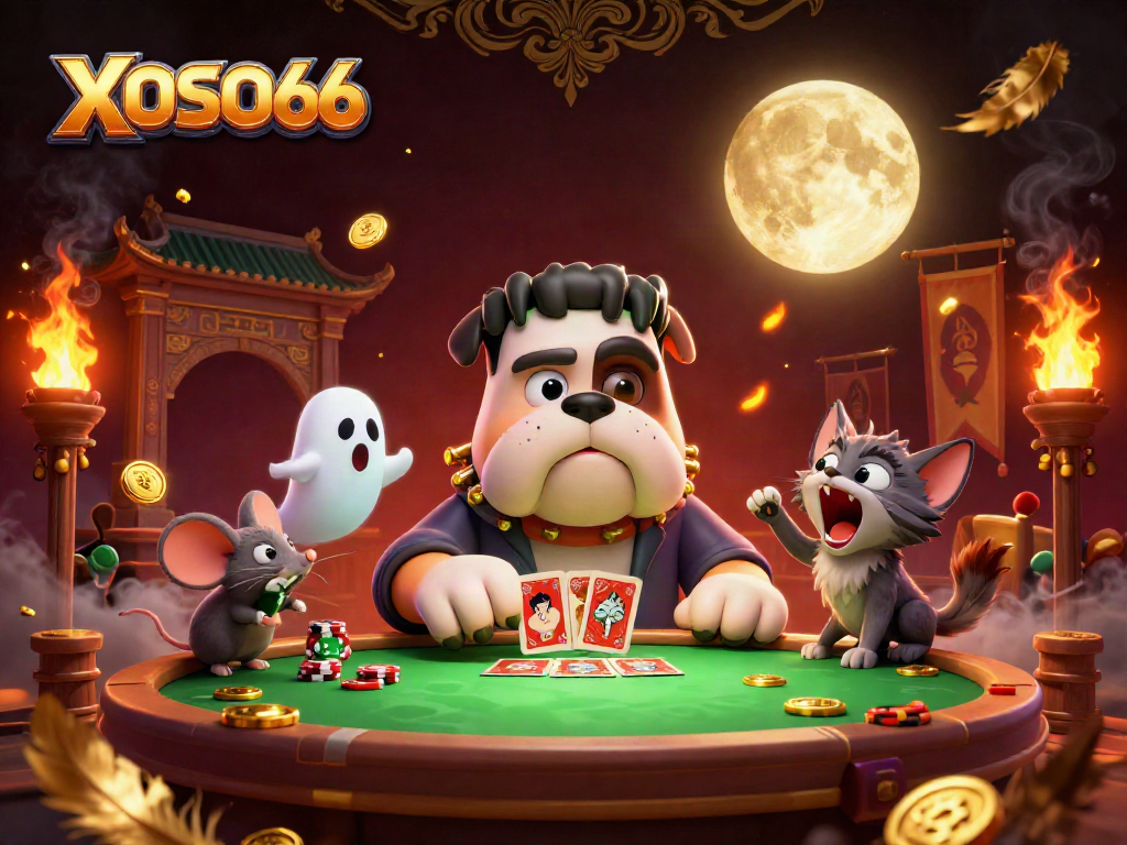 XOSO66 showcases a lively scene with a Frankenstein bulldog dealer, gold coins, and ghostly elements in a casino setting.