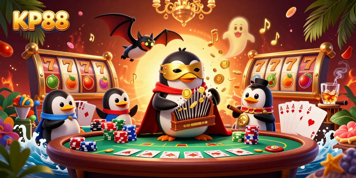 Experience the excitement of KP88 with a thrilling 3D casino scene filled with vibrant slot games and poker elements.