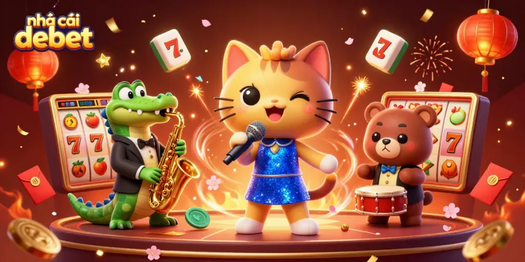 Engage with the vibrant world of nhà cái debet through a dynamic 3D casino scene featuring animated characters and festive elements.