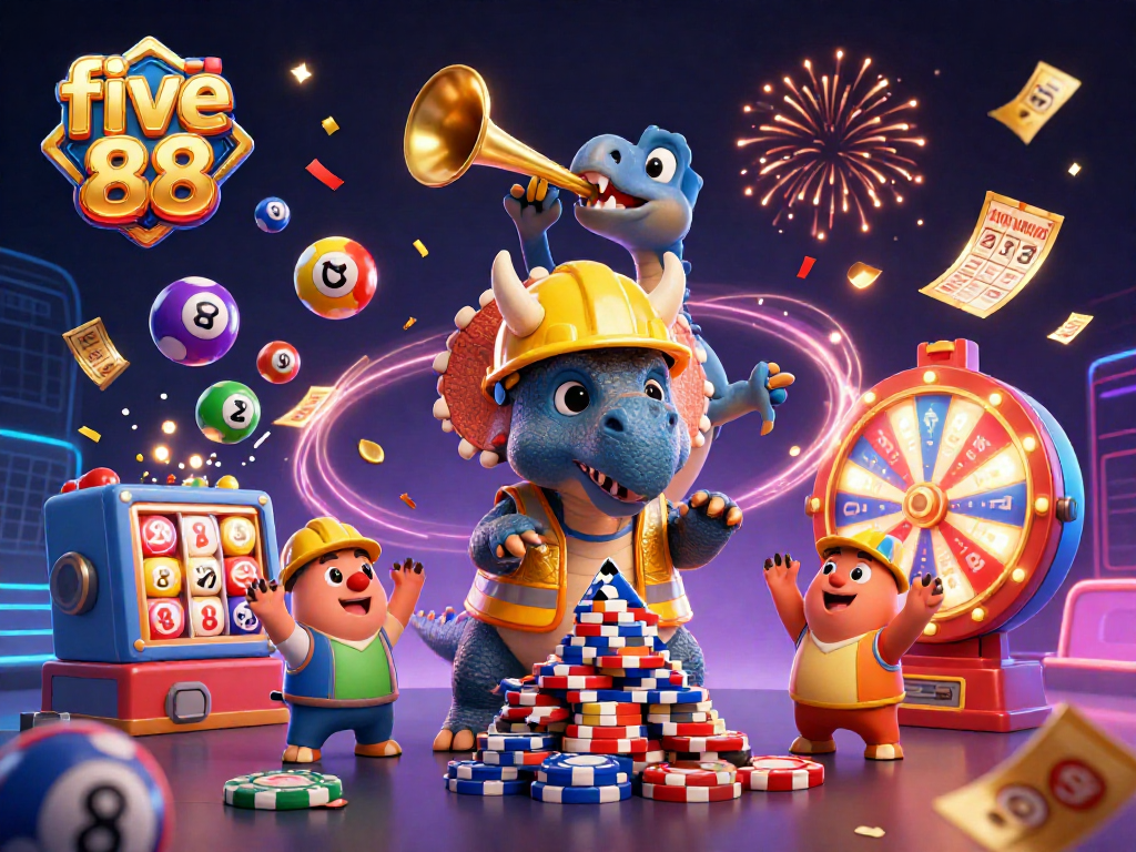 Win big with five 88: Celebrate dynamic gaming with vibrant lottery elements and cheerful characters.