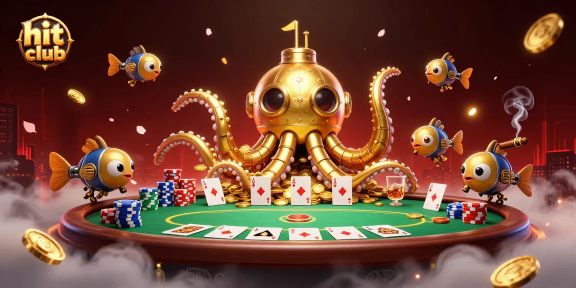 Experience hit club excitement with a golden kraken submarine and vivid poker elements.