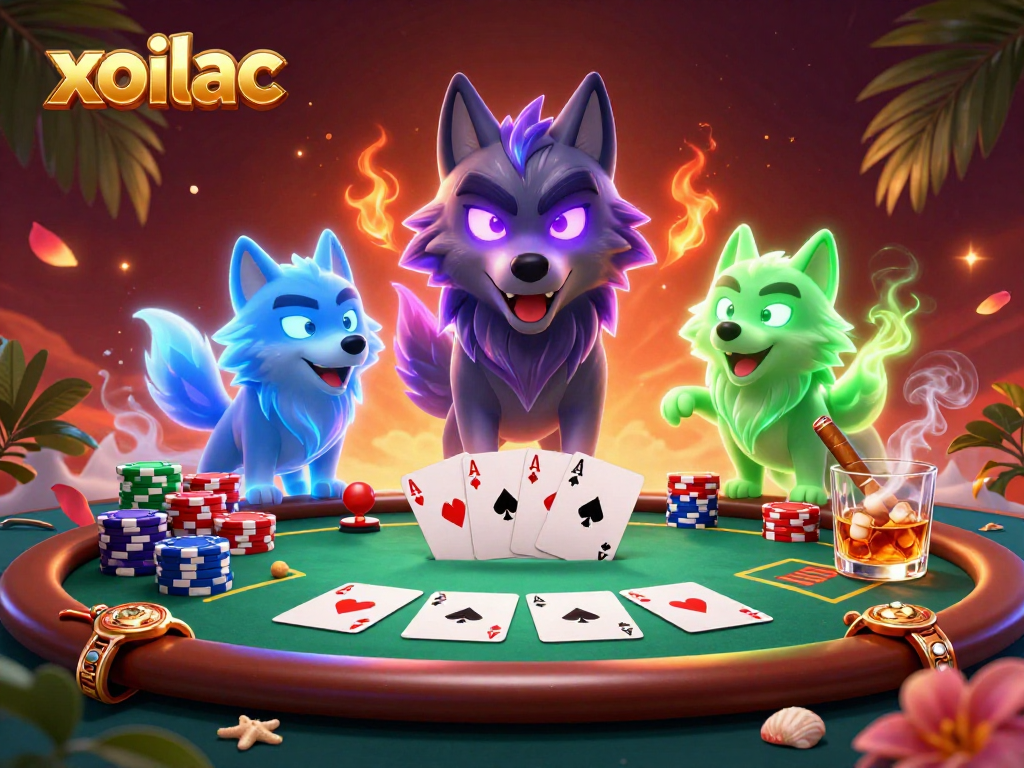 Engage with xoilac's thrilling poker atmosphere featuring ghostly wolves and vibrant gambling elements.