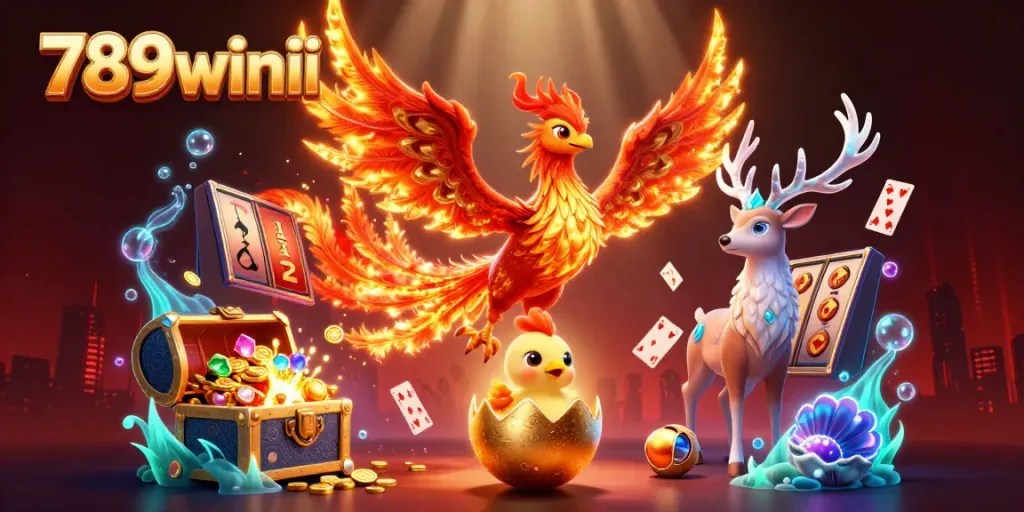 Experience the thrilling energy of 789winii with dynamic casino scenes of a phoenix soaring, coins flying, and magical gaming elements.