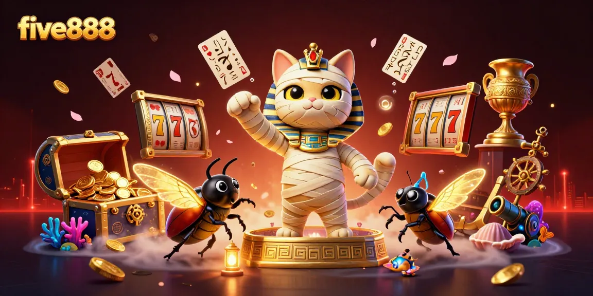 Experience thrilling gameplay with five888, featuring a dynamic scene of an Egyptian mummy cat and rich slot elements.