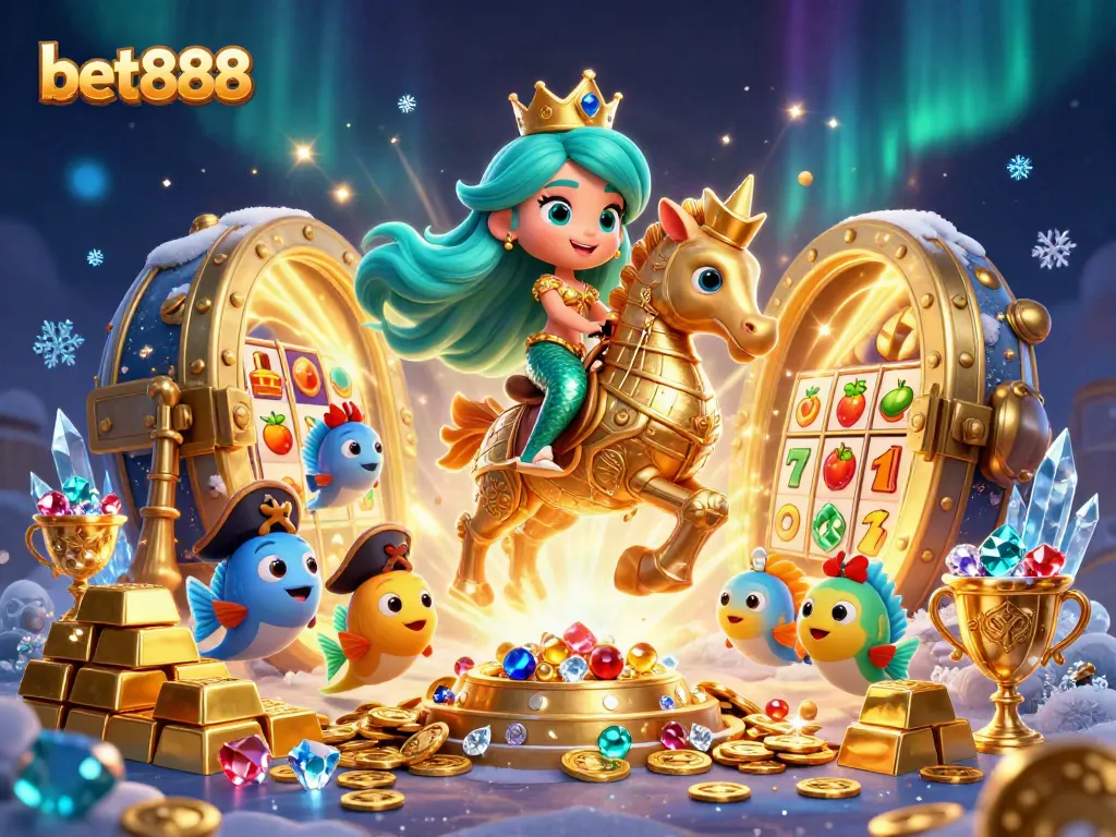 Win big with bet888 in this vibrant 3D cartoon casino scene featuring exciting slot elements.