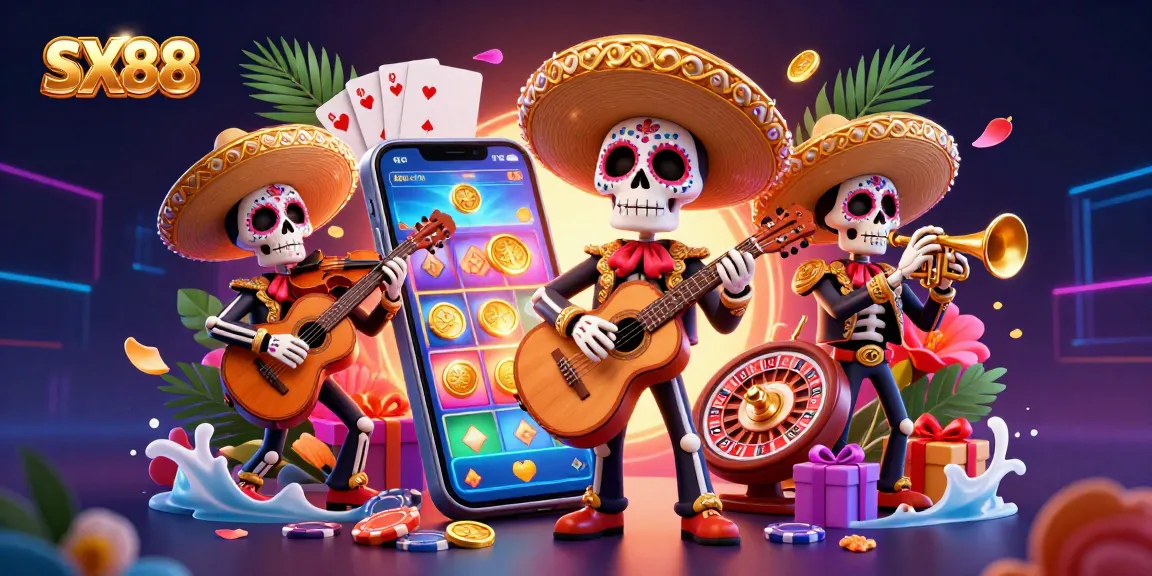 SX88 showcases a lively mariachi band against a vibrant casino backdrop with dynamic gaming elements.