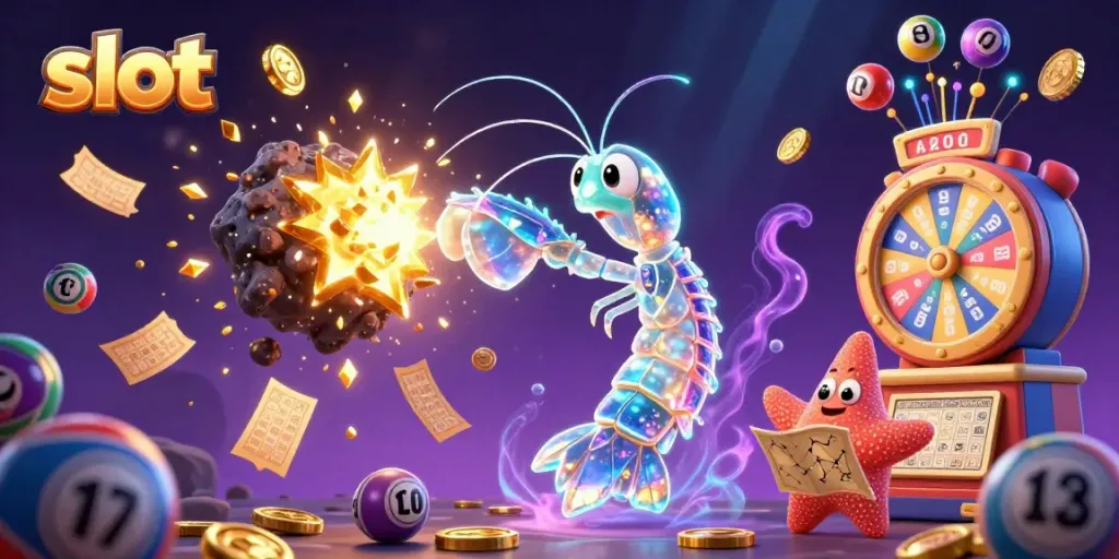 Engage with slot games as the galactic mantis shrimp bursts through an asteroid showering golden gems.