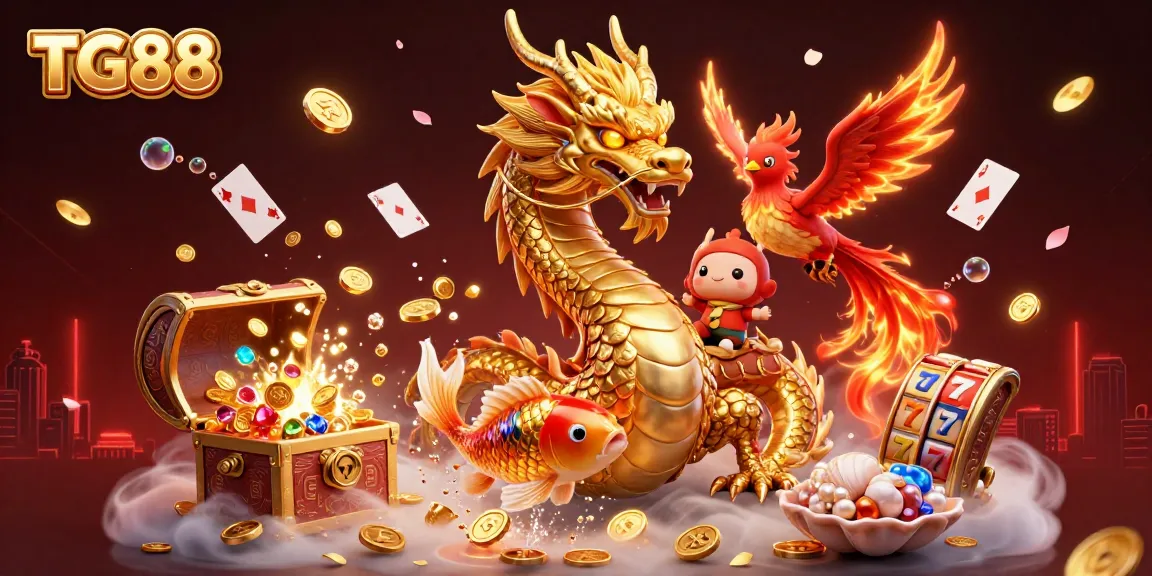 Engage with TG88's exciting gaming scene, featuring a golden dragon, phoenix, and koi fish amidst casino elements.