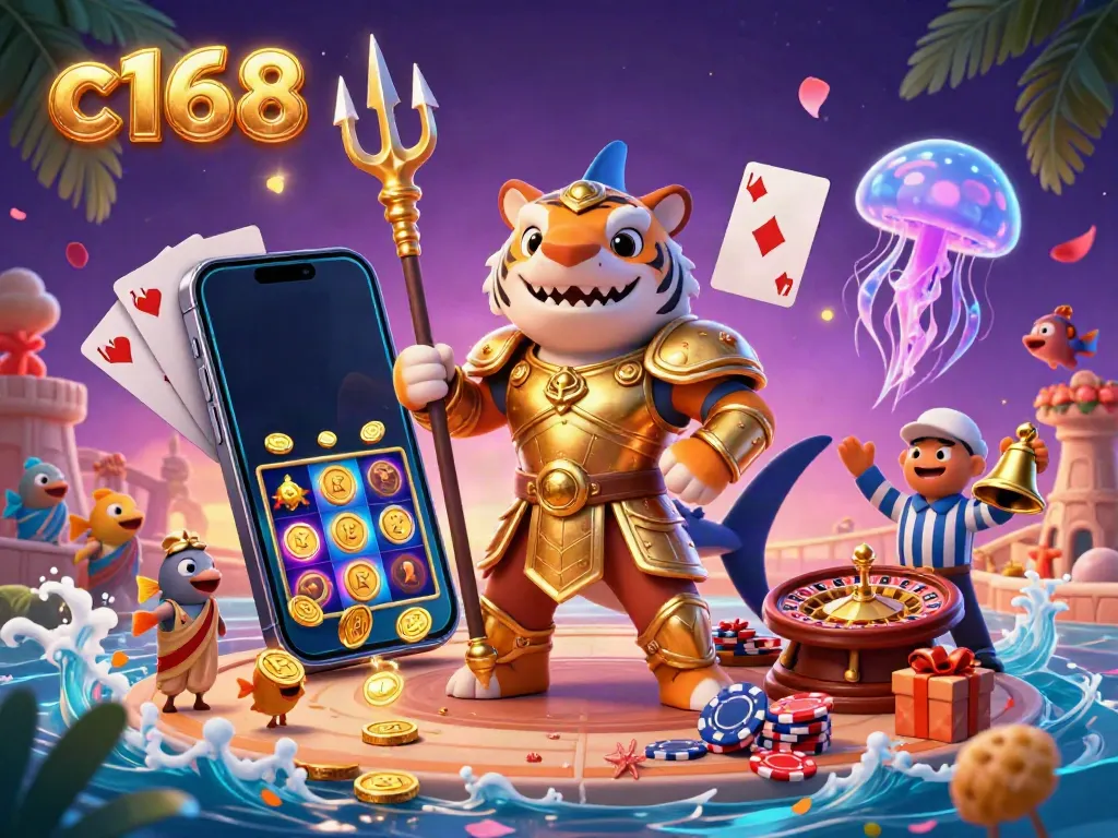 Experience thrilling slots with c168 in this vibrant underwater casino scene featuring a golden shark and cheering fish.