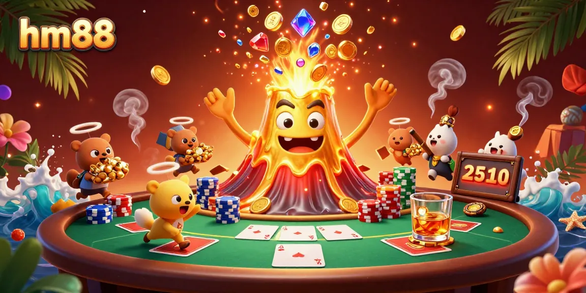 Experience thrilling moments with hm88 as a golden volcano erupts treasures amidst dynamic poker action.