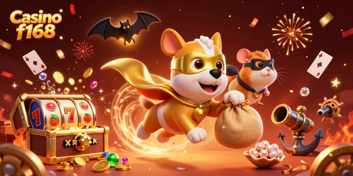 Experience thrilling gameplay at Casino f168 with vibrant characters amidst floating slot reels and gold treasures.