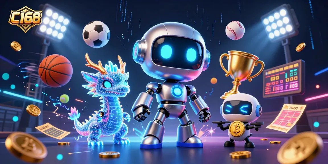 Engage with C168's vibrant gaming scene featuring a robot, holographic dragon, and sports elements.