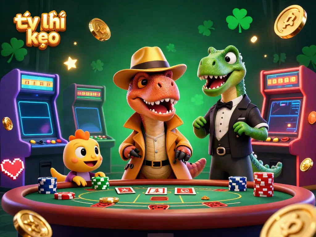 Engage with tỷ lệ kèo in this vibrant casino scene featuring a velociraptor card counter trying to blend in.