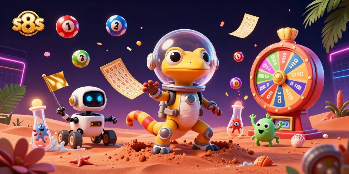 S8s gaming excitement unfolds with a Martian gecko discovering a golden casino, surrounded by colorful lottery balls.