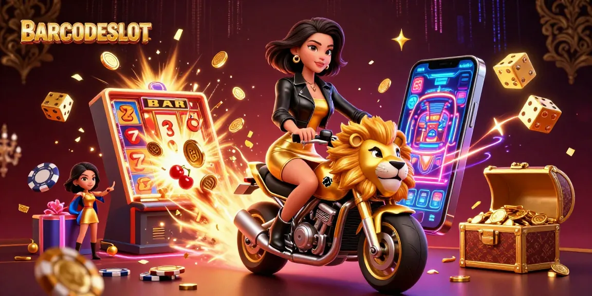 Experience thrilling gameplay at BARCODESLOT, featuring a glamorous woman riding a golden lion with casino slots and prizes.