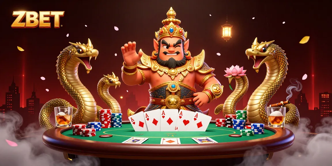 ZBET players experience thrilling poker gameplay amidst vibrant 3D guardian and Naga serpent art