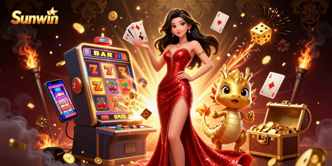 Engage with Sunwin's vibrant casino scene featuring an elegant woman, golden dragon, and flying playing cards.