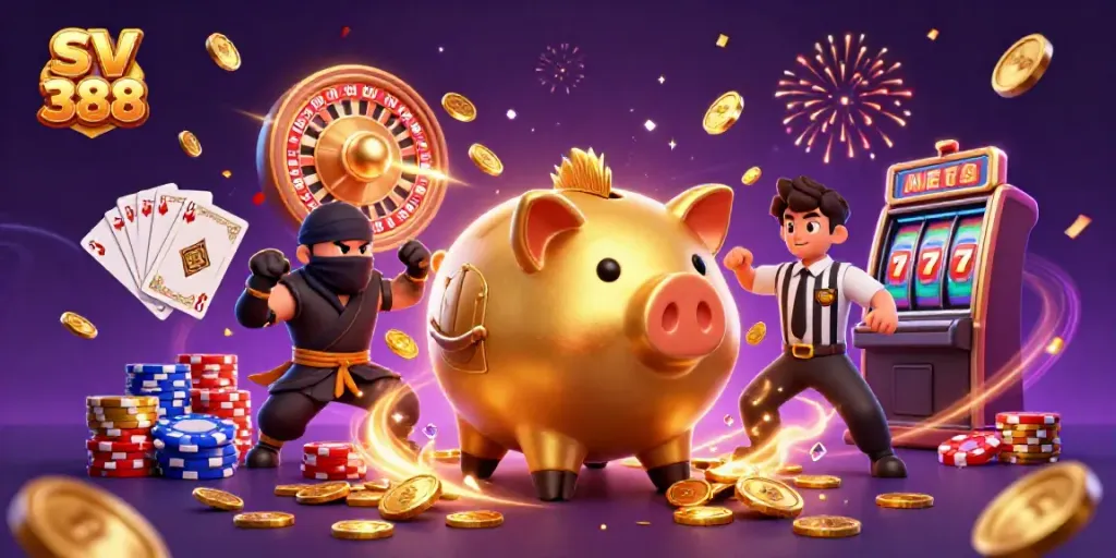 Engage with SV 388 in a vibrant casino scene showcasing festive characters amidst golden coins.