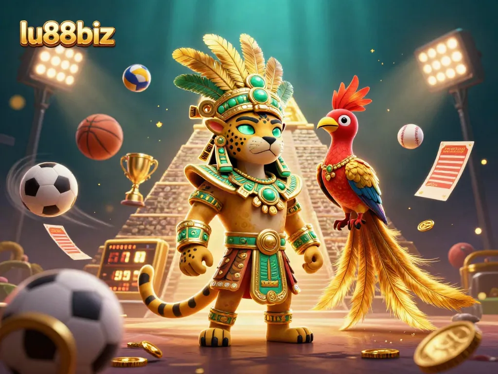 Experience the excitement of lu88biz sports betting with a vibrant 3D scene featuring dynamic sports elements.
