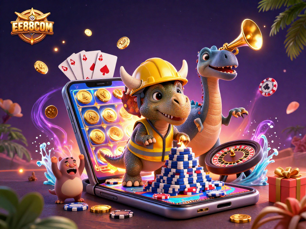 Celebrate with EE88COM as a triceratops builds poker chip pyramid in a vibrant casino scene.