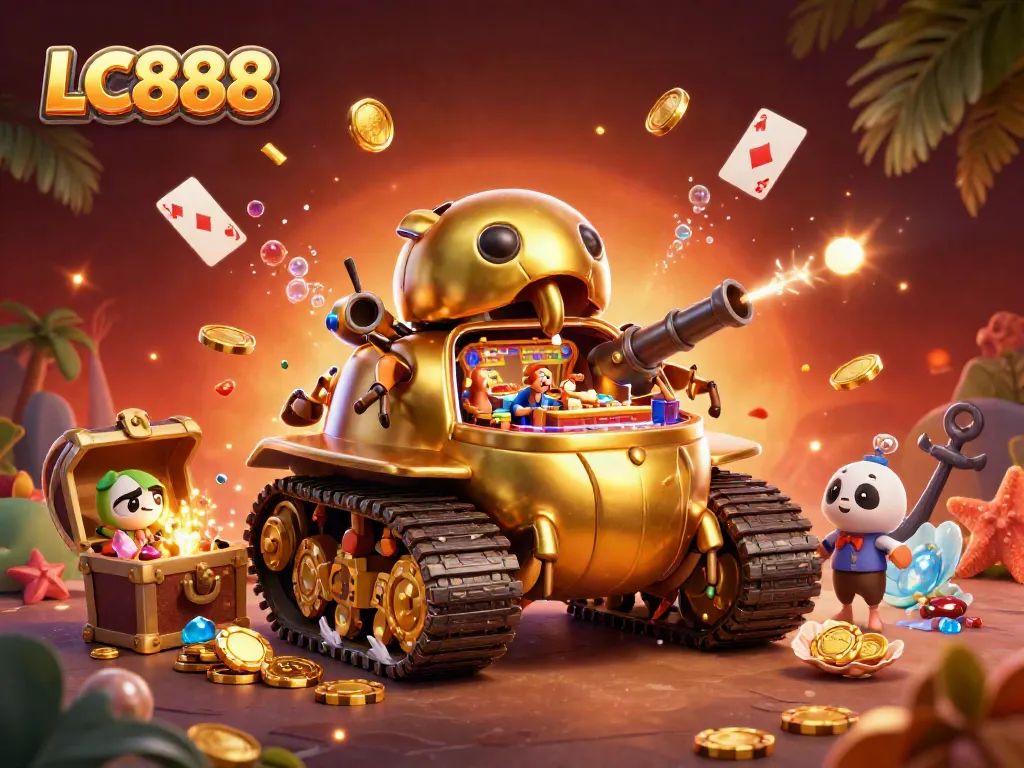 Engage in winning strategies at LC888 with vibrant casino-themed 3D illustration featuring golden beetle tank.