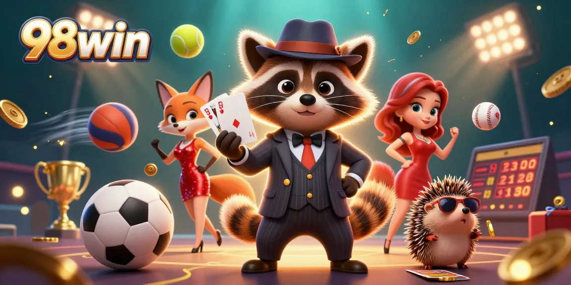 Engage with the action at 98win with a suave raccoon and glamorous fox at a lively casino scene