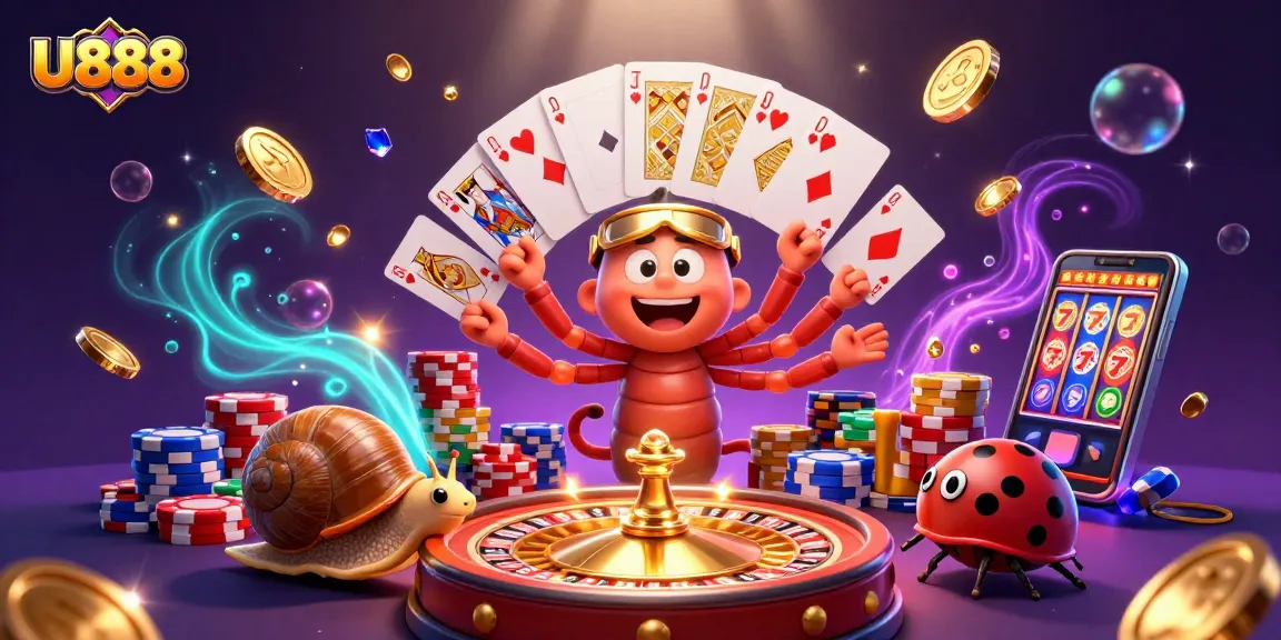 U888 casino scene with a millipede dealer and high-roller snail surrounded by vibrant game elements.