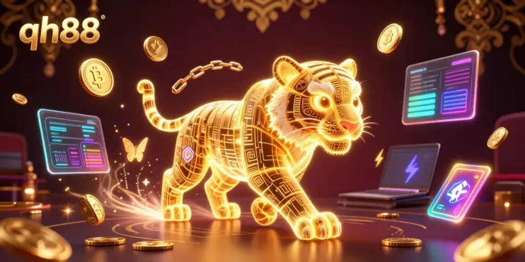 Engage with exciting casino adventures at qh88, featuring a dynamic golden tiger in a vibrant digital casino landscape.