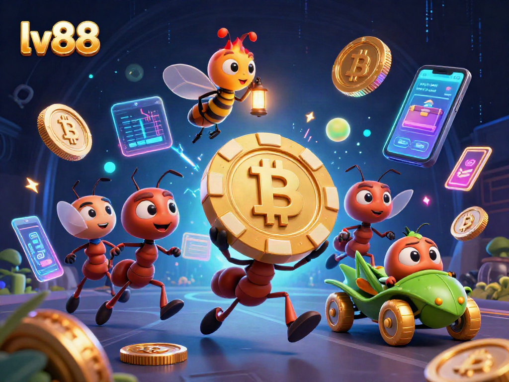 lv88 ants performing a heist with a giant poker chip among glowing crypto coins and blockchain elements