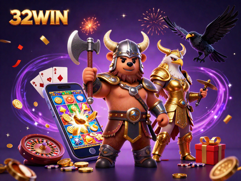 Experience thrills with 32WIN in a magical casino world featuring vibrant games and celebrating characters.