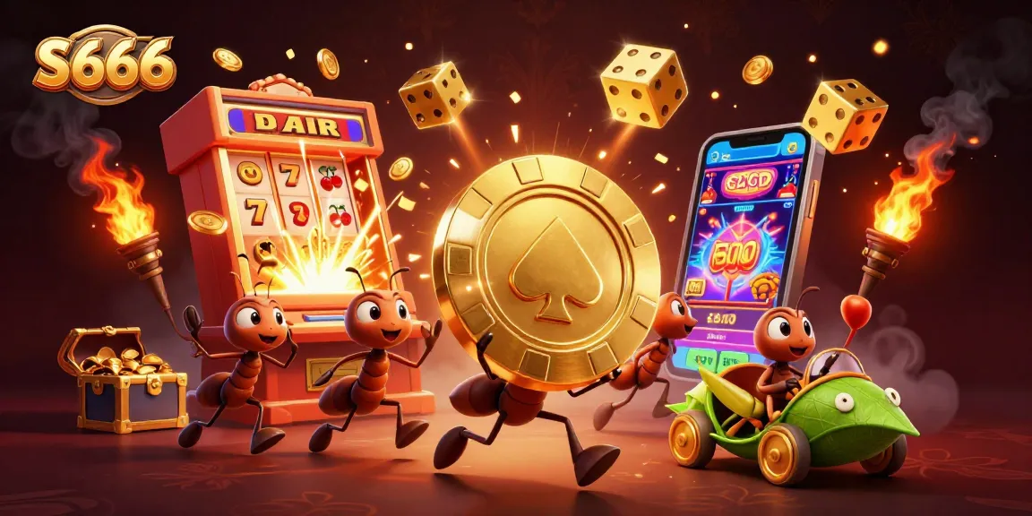 S666 team of ants carrying a giant golden poker chip in a vibrant casino scene full of excitement