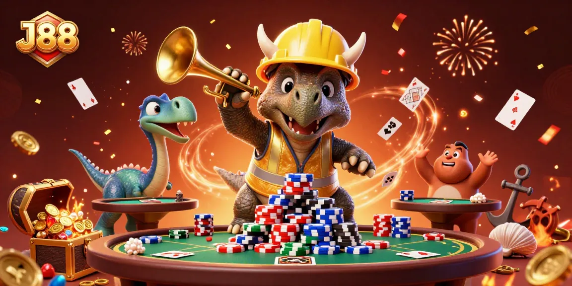 Experience the excitement at J88 with vibrant casino elements celebrating wins and high stakes.
