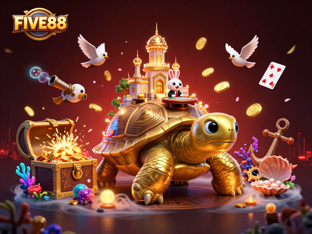 Experience the excitement at FIVE88 with a vibrant casino scene featuring a golden tortoise and rabbit dealer.