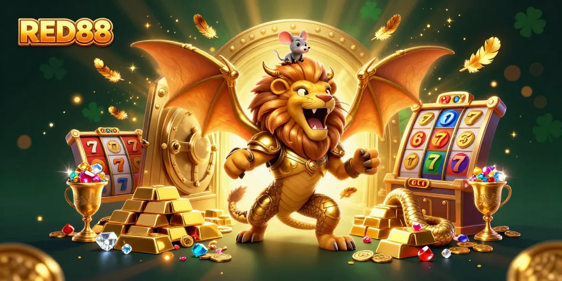 Experience the excitement of RED88 with a vibrant casino scene bursting with treasures and playful characters.