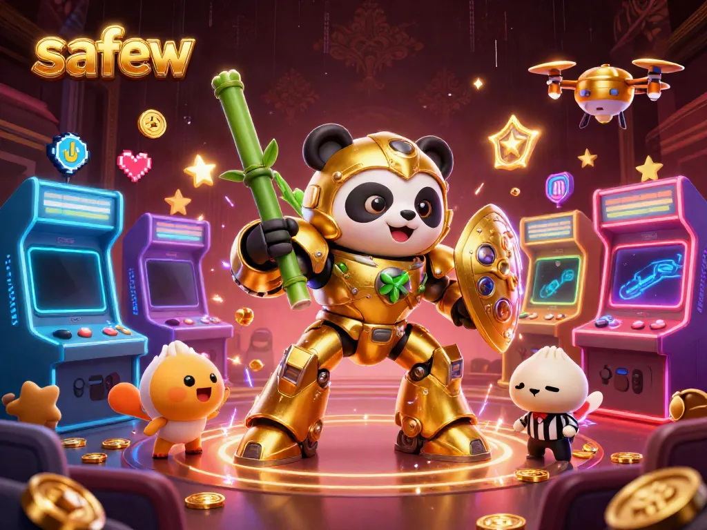 Experience secure gaming with safew's vibrant arcade-style 3D illustrations of a panda robot in action.