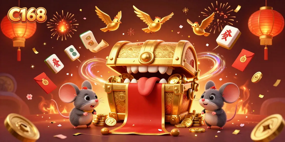 C168 offers immersive gaming with a 3D illustration of vibrant casino elements and lucky treasures.