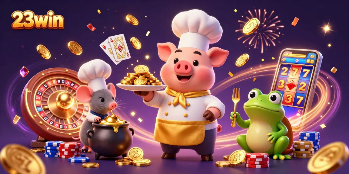 Experience the fun of 23win with chefs, coins, and casino elements in a vibrant 3D scene.