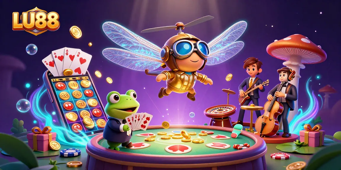 LU88 showcases a vibrant casino scene with a dragonfly pilot and frog croupier amid games and jazzy musicians