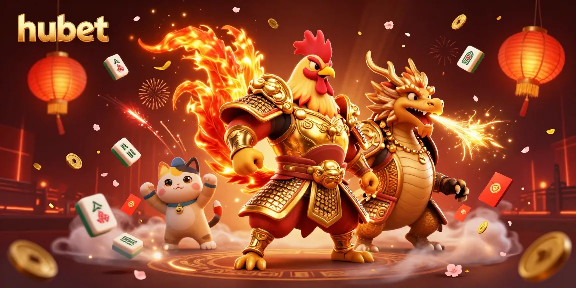 Experience thrilling gambling action with hubet's dynamic 3D rooster and dragon illustration