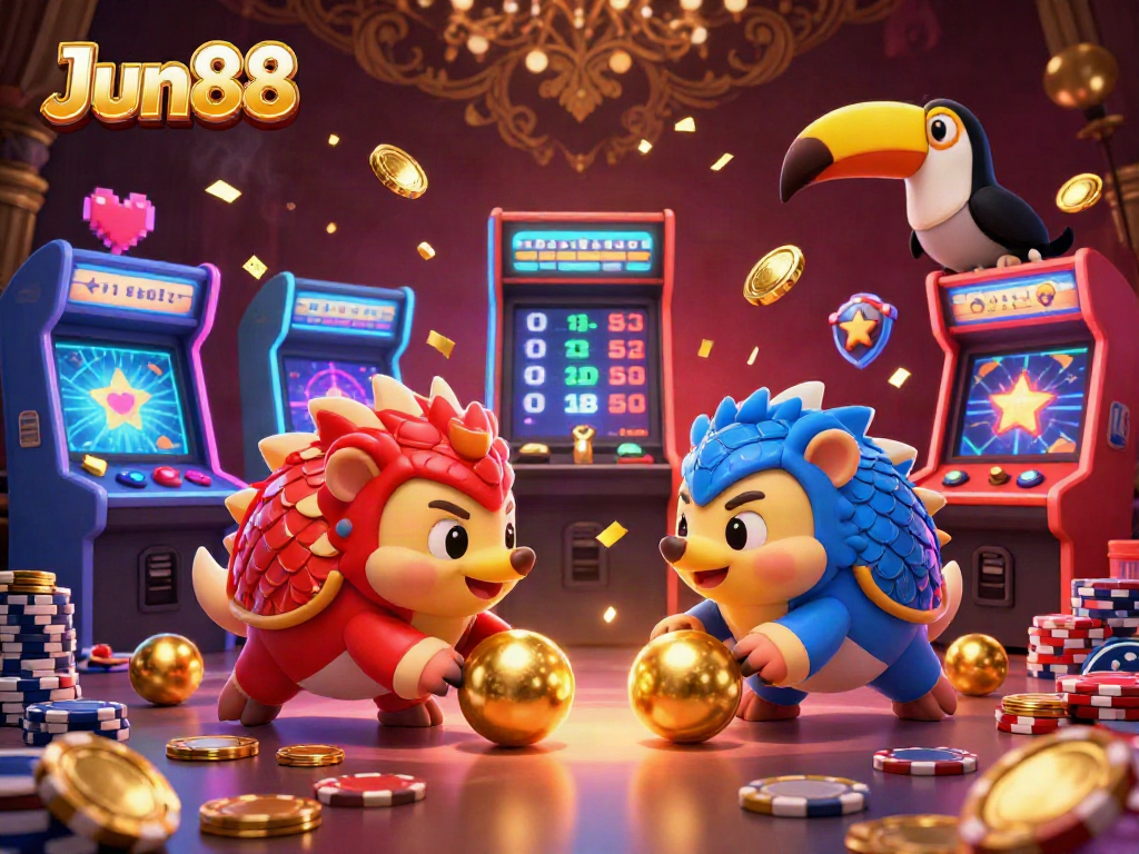 Engage with Jun88's vibrant gaming experience featuring animated pangolins and exciting casino elements.