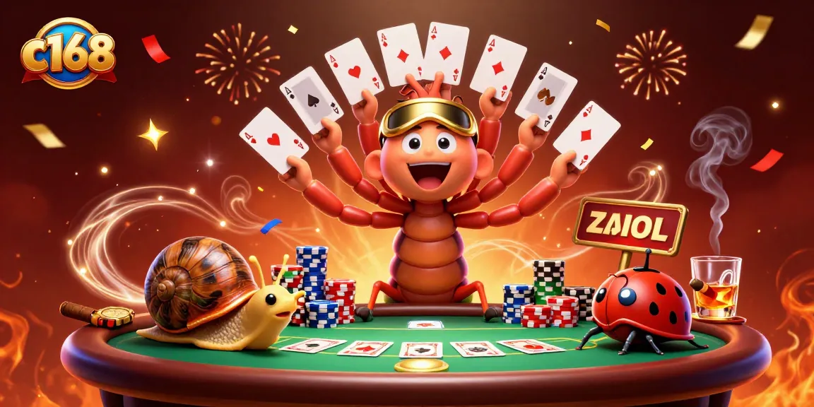 Experience thrilling games at c168 with a dynamic cartoon illustration of gambling excitement featuring joyful characters and poker elements.