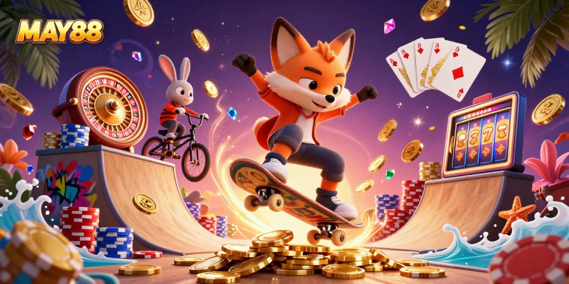 MAY88 showcases vibrant casino-themed scene with animated fox and rabbit enjoying a lively gambling atmosphere.