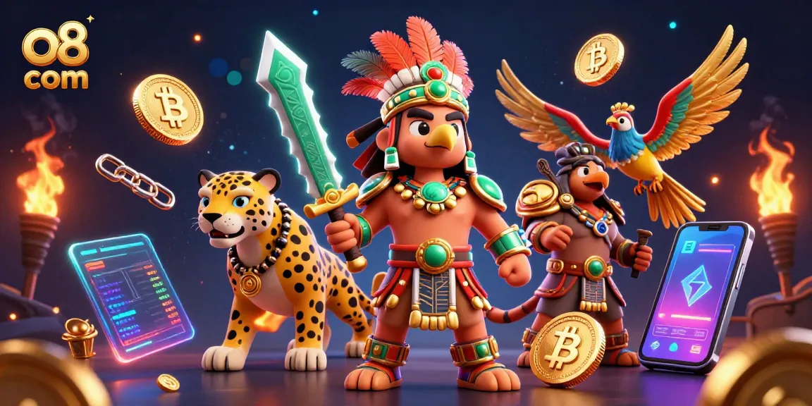 Experience dynamic winnings at o8 com with 3D illustration of warriors amidst casino elements.