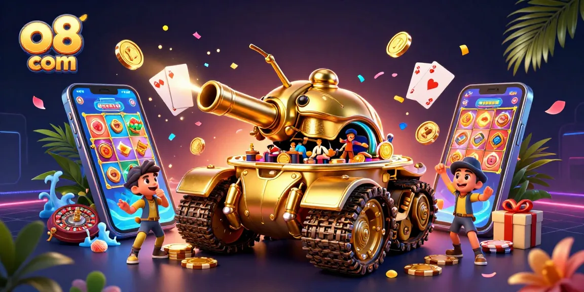 Experience thrilling gaming with o8 com's vibrant casino scene, showcasing dynamic slots and colorful tokens.