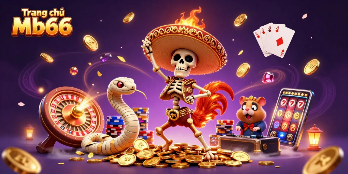Experience excitement at Trang chủ Mb66 with a dynamic illustration combining vibrant casino elements and characters.