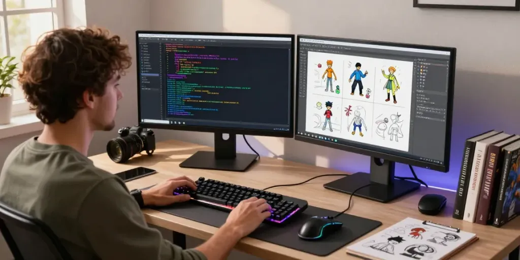 Gambar pengembang game menggunakan tisu4d dalam lingkungan kerja modern dengan skenario pengkodean yang dinamis.